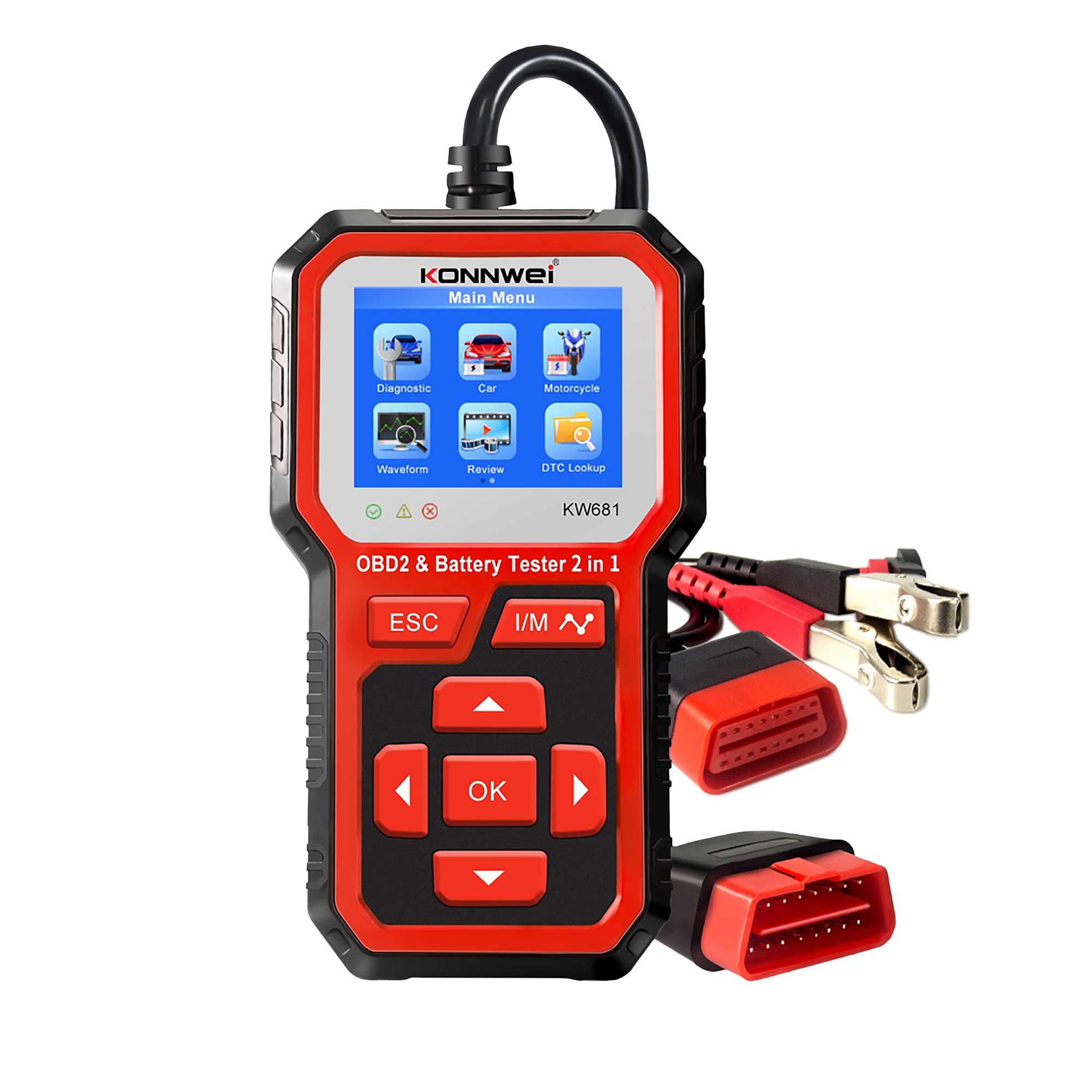 Miernik diagnostyczny OBD2, tester baterii Konnwei KW681