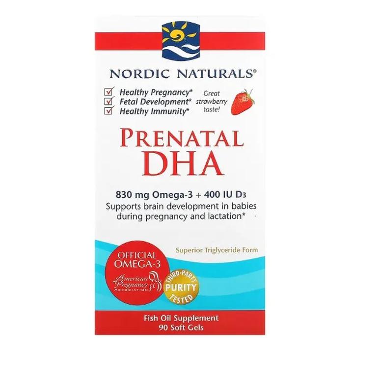 Nordic Naturals Prenatal DHA suplement diety, 830mg Omega 3 dla Kobiet w Ciąży, Truskawka, 90 kaps./1 opak.