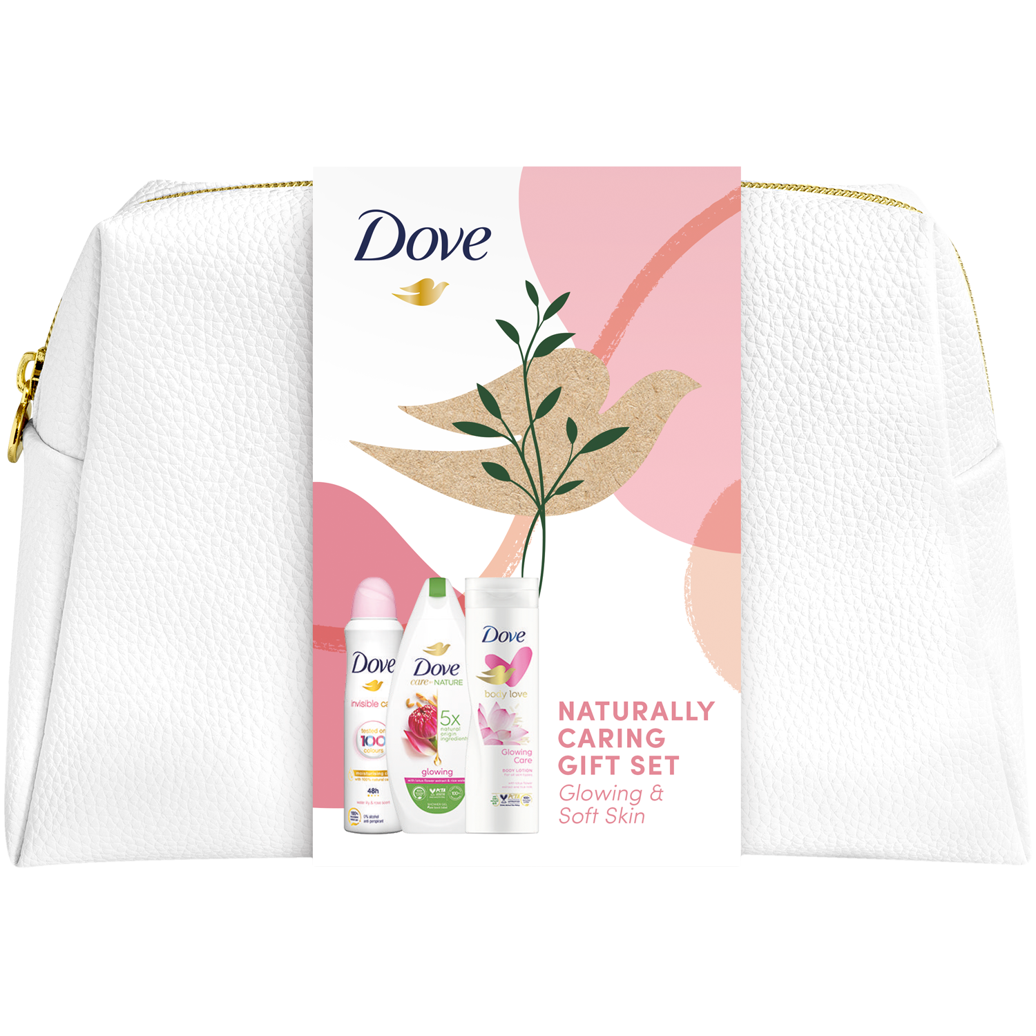 Dove Glowing Ritual zestaw: żel pod prysznic, 225 ml + dezodorant w sprayu, 150 ml + balsam do ciała, 250 ml + kosmetyczka, 1 szt.