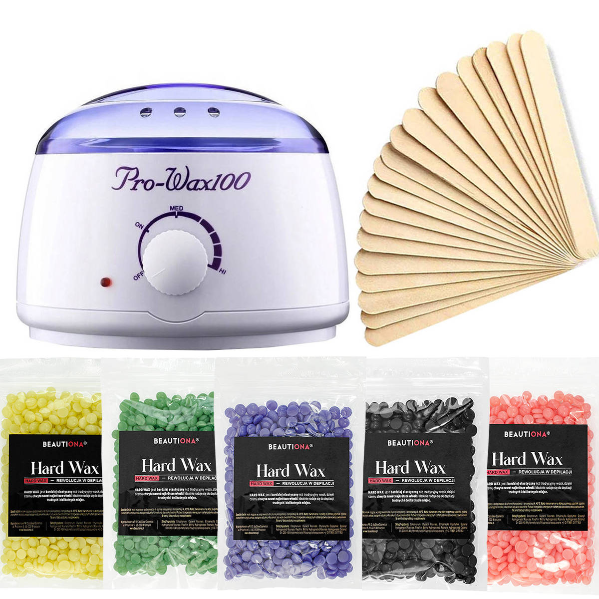 Beautiona zestaw do depilacji: podgrzewacz do wosku, 1 szt. + wosk twardy w dropsach, 5x100 g + drewniana szpatułka, 10 szt.
