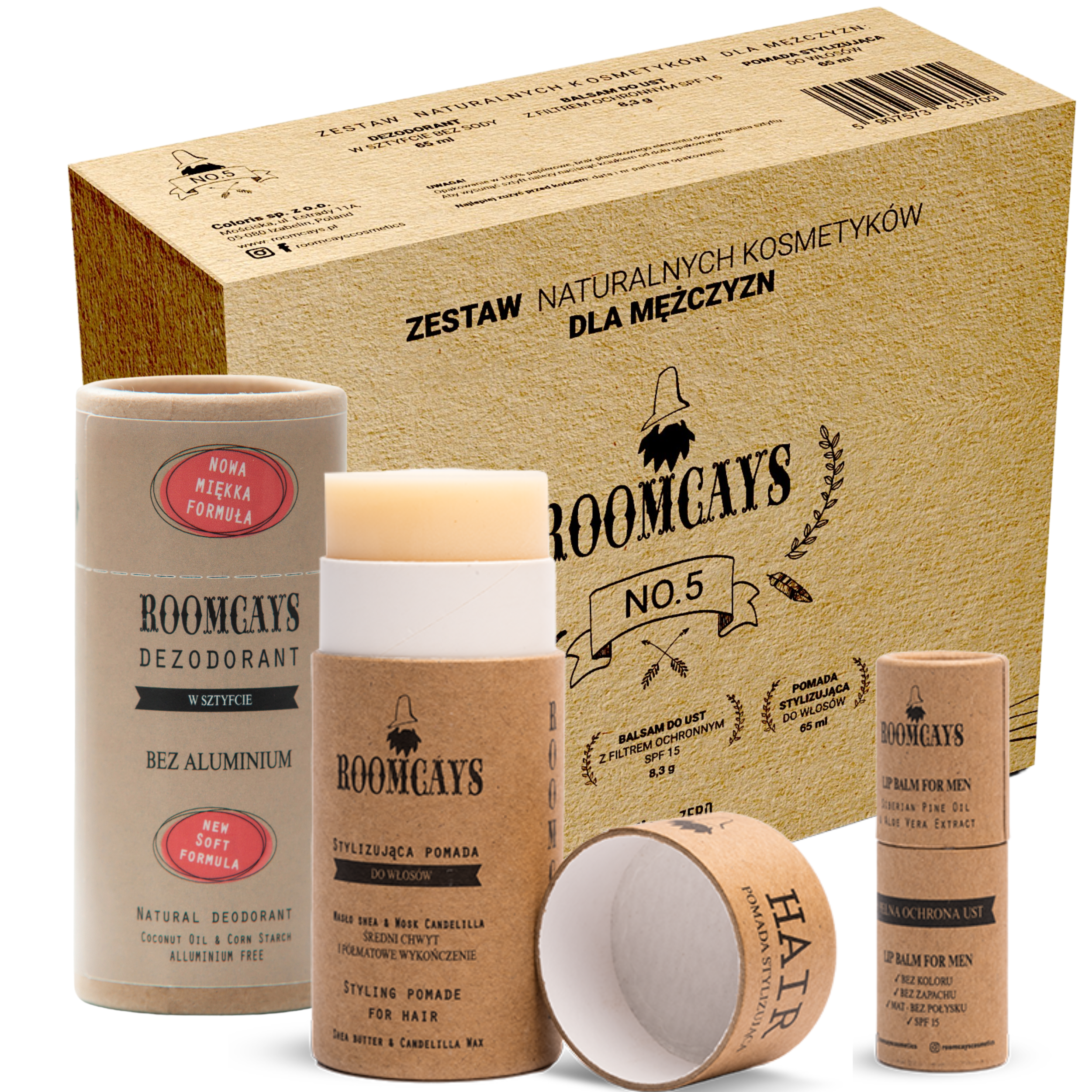 Roomcays zestaw kosmetyków dla mężczyzn: dezodorant w sztyfcie, 30 ml + pomada stylizująca do włosów, 65 ml + balsam do ust z filtrem ochronnym SPF...