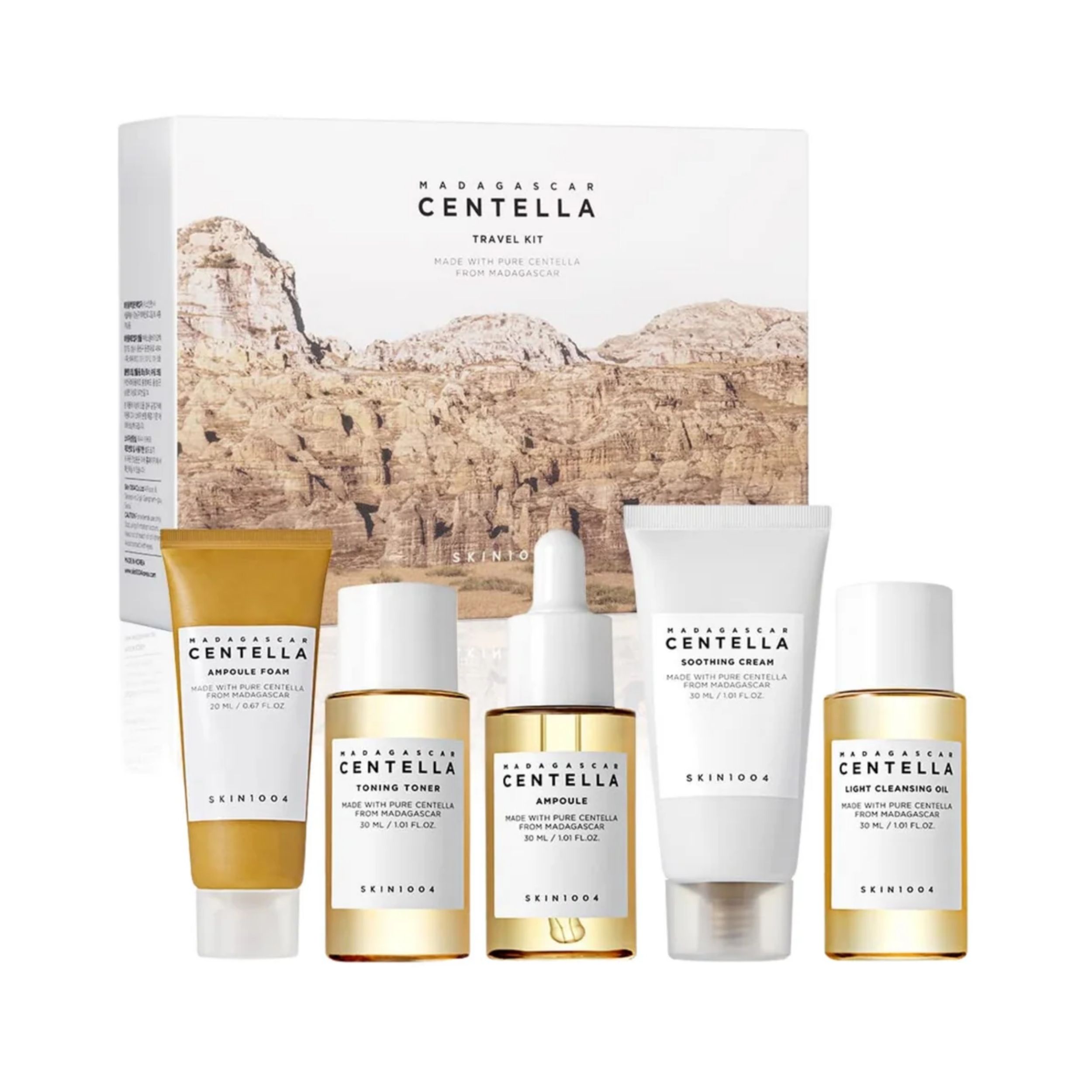 Skin1004 Madagascar Centella zestaw: pianka, 20 ml + toner, 30 ml + serum, 30 ml + krem, 30 ml + olejek, 30 ml