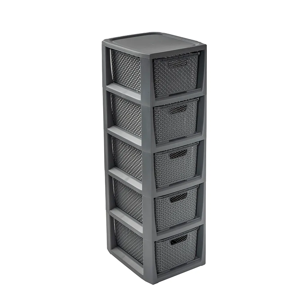 Regał rattanowy z 5 szufladami, szary