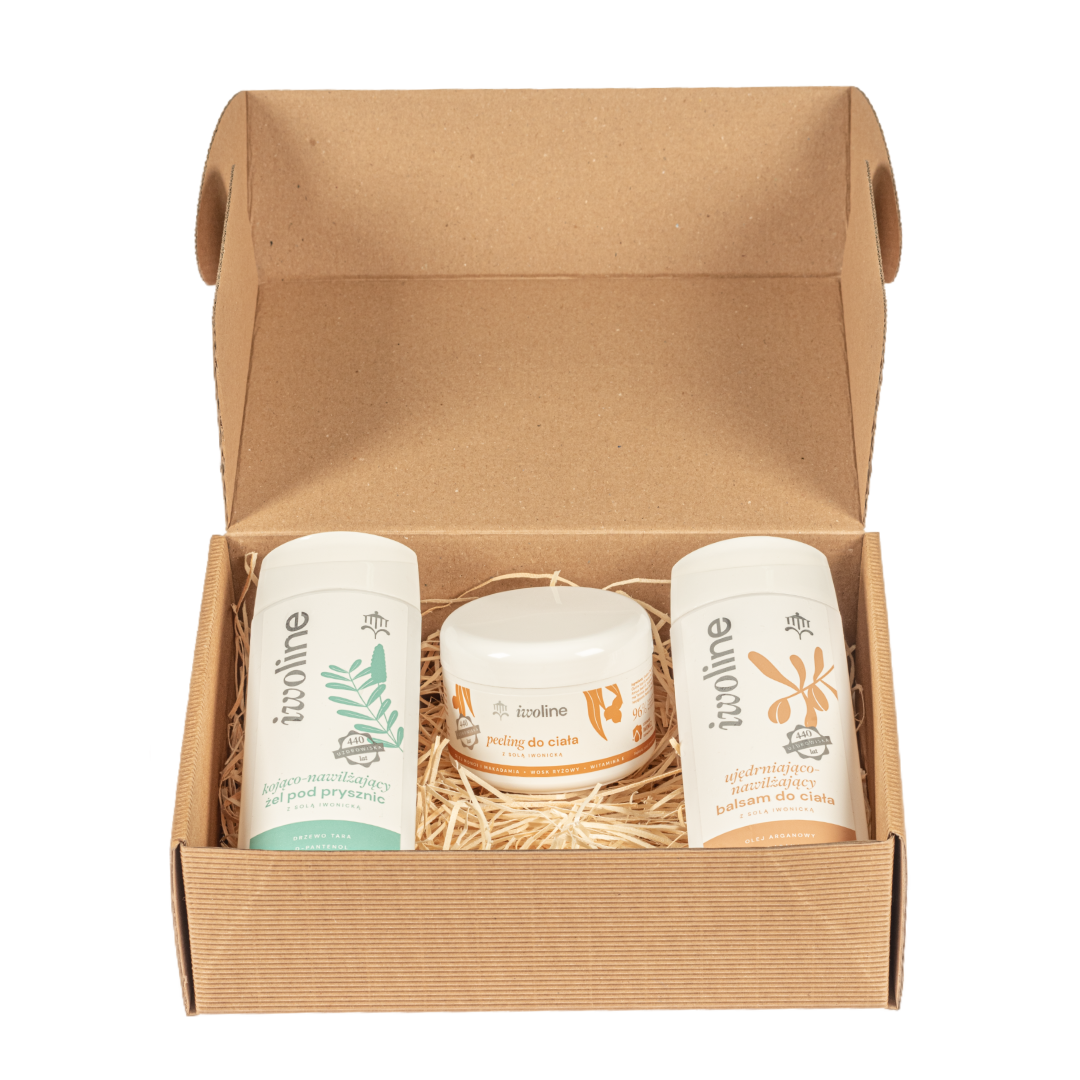 Iwoline zestaw: żel pod prysznic kojąco-nawilżający, 200 ml + balsam do ciała ujędrniająco-nawilżający, 200 ml + peeling do ciała z solą iwonicką, ...