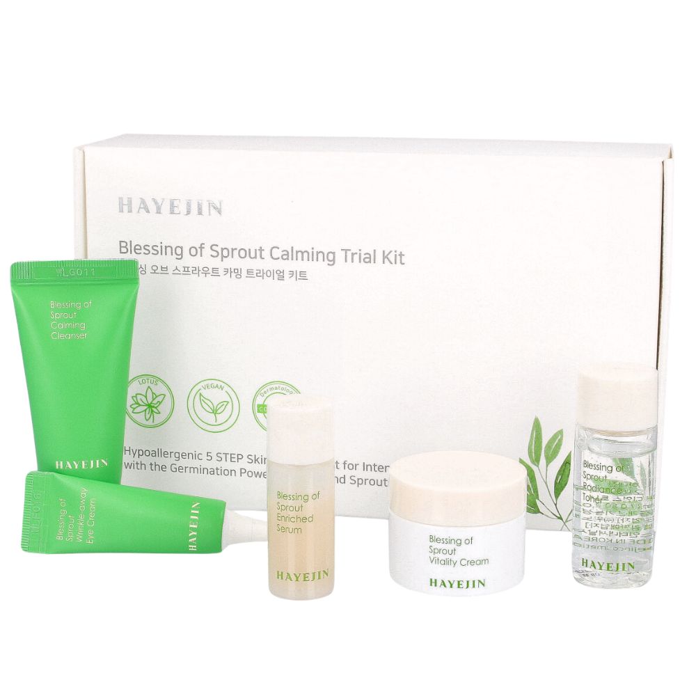 Hayejin Blessing of Sprout zestaw miniaturek: żel do mycia twarzy, 15 ml + tonik, 15 ml + krem pod oczy, 5 ml + serum, 8 ml + krem do twarzy, 10 ml