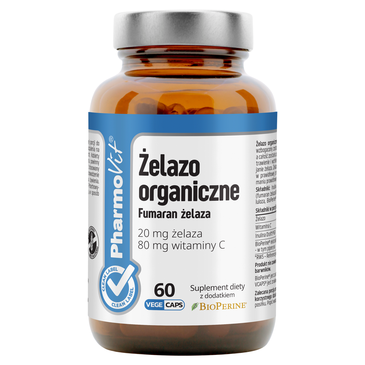 Pharmovit Żelazo organiczne 20 mg, suplement diety, 60 kapsułek