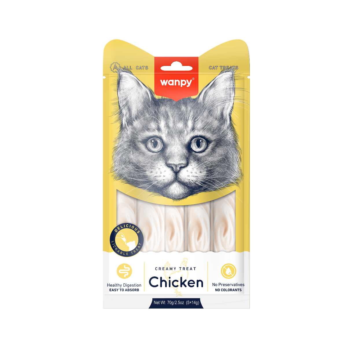 Wanpy Chicken Creamy Treat kremowy przysmak do lizania o smaku kurczaka dla kotów, 5 x 14 g