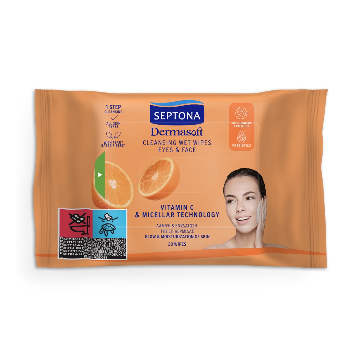 Septona Dermasoft Chusteczki nawilżane oczyszczające do twarzy, witamina C, 20 szt.