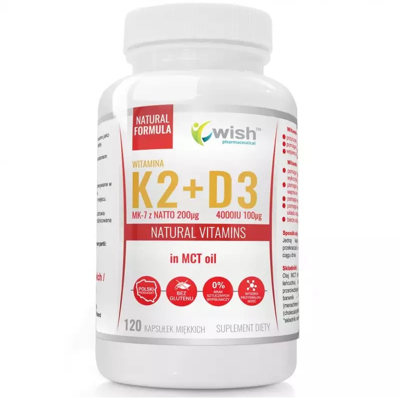 Wish Witamina K2MK-7 200µg + D3 100µg 4000IU w oleju MCT suplement diety, 120 kaps./1 opak.