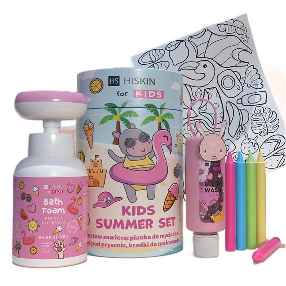HiSkin Kids Summer Pink Set zestaw: płyn do kąpieli, 75 ml + pianka do mycia, 300 ml + kredki 5szt + kolorowanka