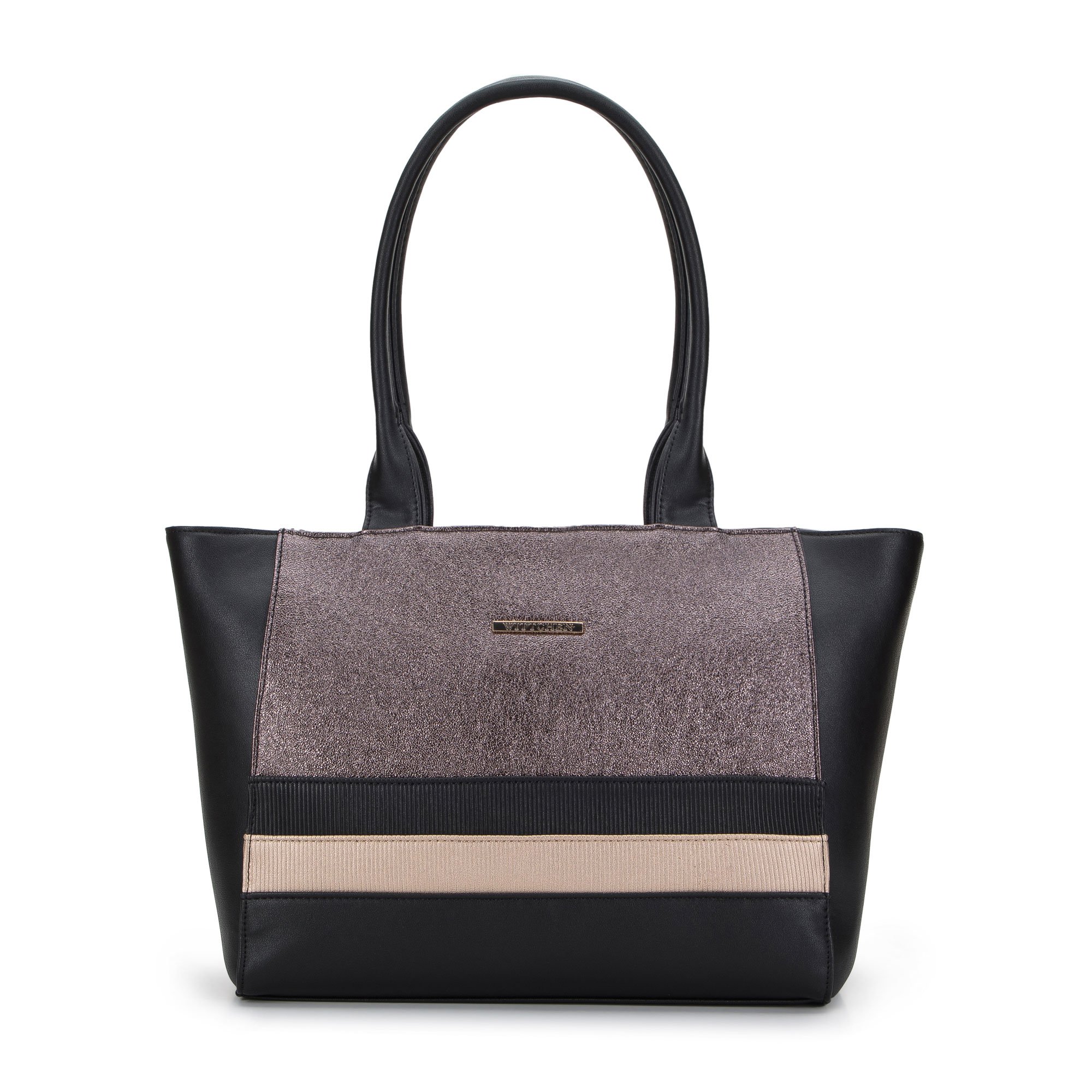 Torebka shopperka z ekoskóry z metaliczną wstawką i paskami czarna