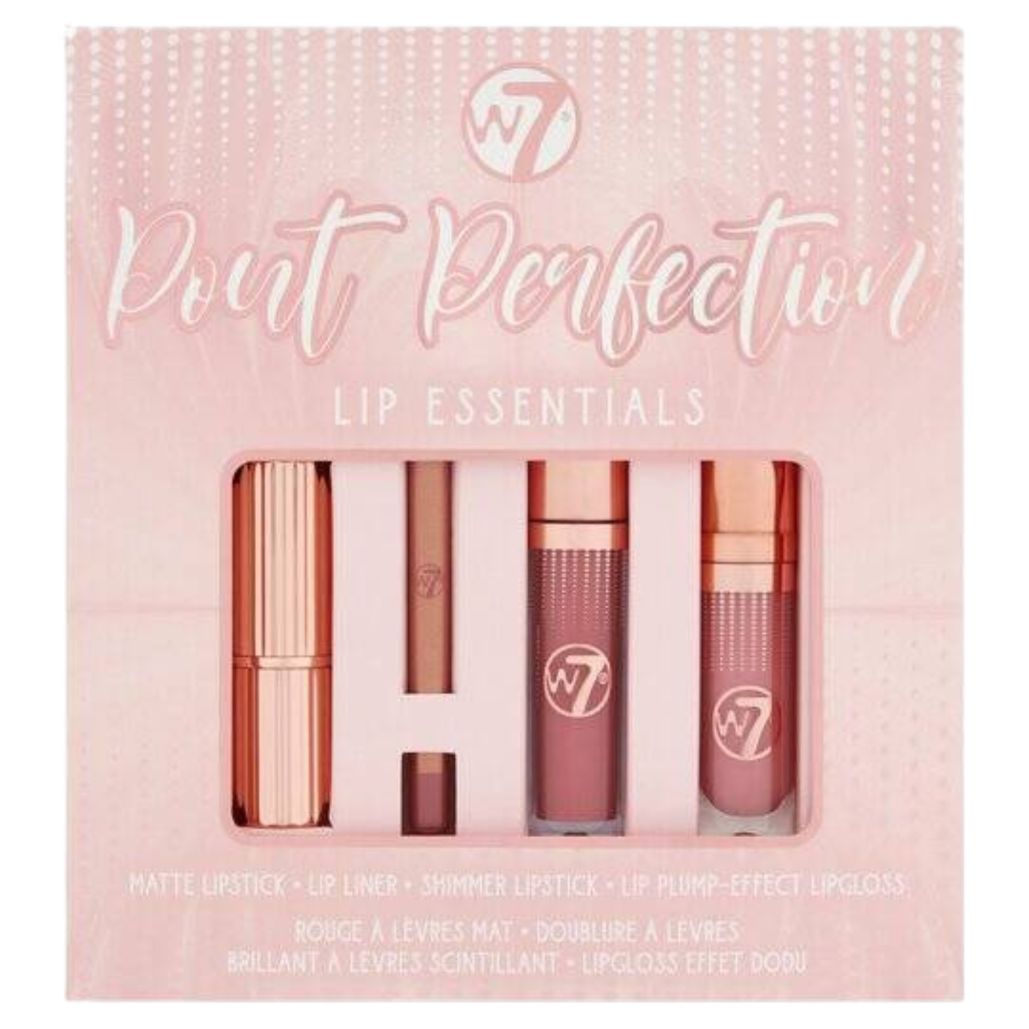 W7 Pout Perfection zestaw: konturówka, 1 szt. + matowa pomadka, 1 szt. + pomadka z połyskiem, 1 szt. + błyszczyk, 1 szt.