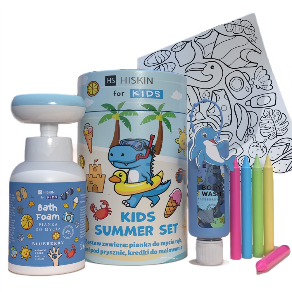 HiSkin Kids Summer Blue Set zestaw: płyn do kąpieli, 75 ml + pianka do mycia, 300 ml + kredki 5szt + kolorowanka