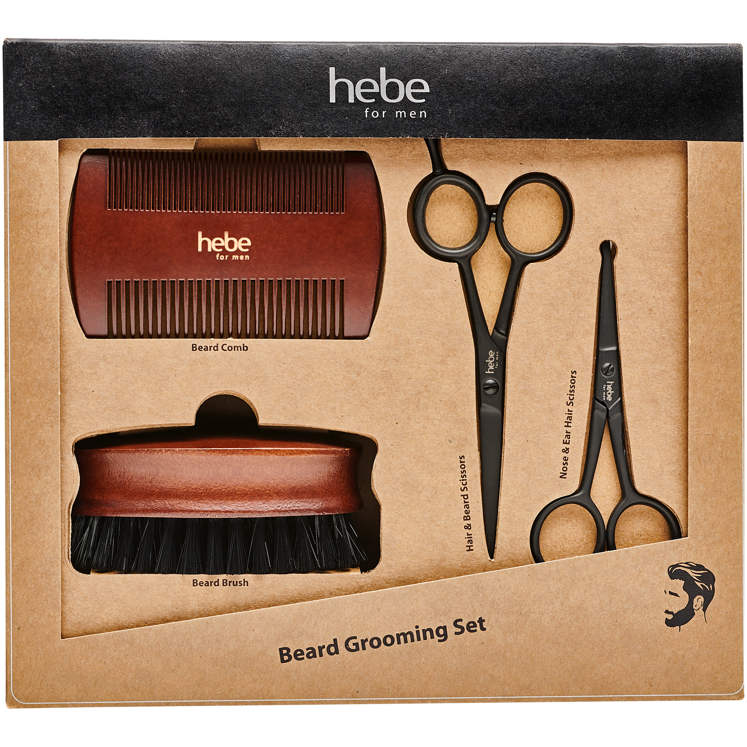 Hebe For Men Beard Grooming Set zestaw: nożyczki degażówki do włosów i brody, 1 szt. + nożyczki do usuwania włosów z nosa i uszu, 1 szt. + szczotka...