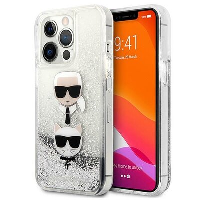 Etui KARL LAGERFELD Liquid Glitter Karl & Choupette Head do Apple iPhone 13 Pro Max Srebrny