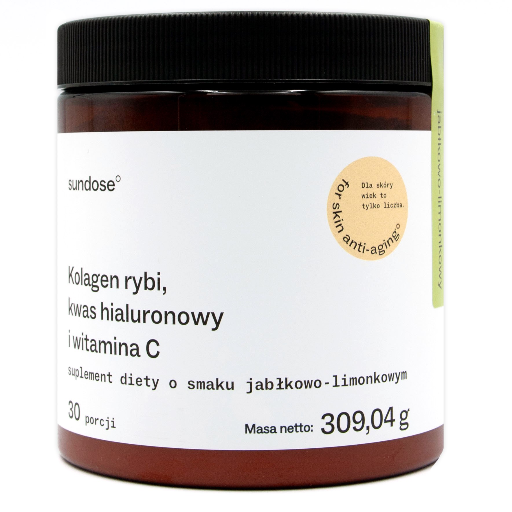 Sundose Kolagen For Skin Anti-Aging suplement diety do picia z kolagenem i kwasem hialuronowym na zmarszczki, smak jabłkowo-limonkowy, zapas na 30 ...