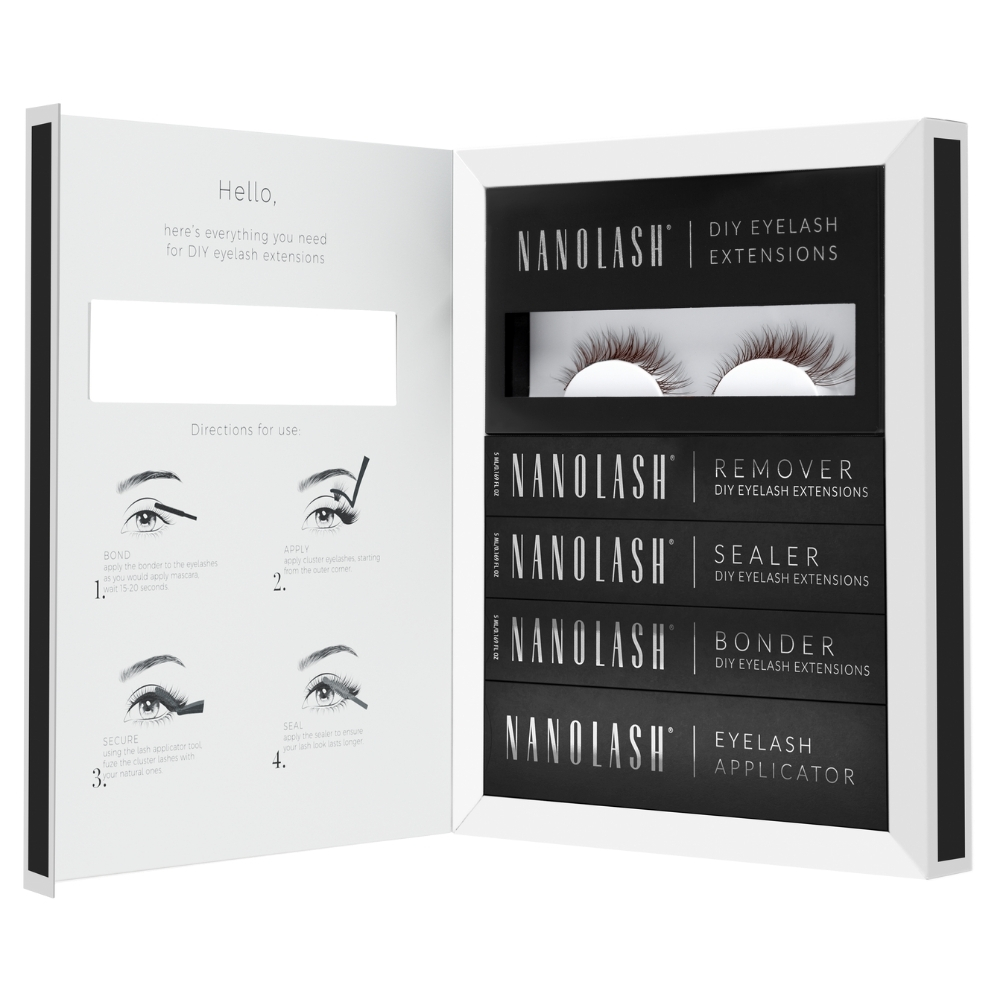 Nanolash DIY Eyelash Extensions Starter Kit Brown zestaw: sztuczne brązowe rzęsy 10-12-14 mm Classy, 36 szt. + transparentny bonder do rzęs, 5 ml +...
