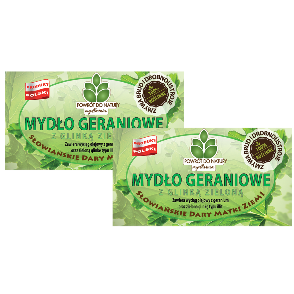 Powrót do natury 100 % roślinne naturalne mydło geraniowe z zieloną glinką, 2 szt.