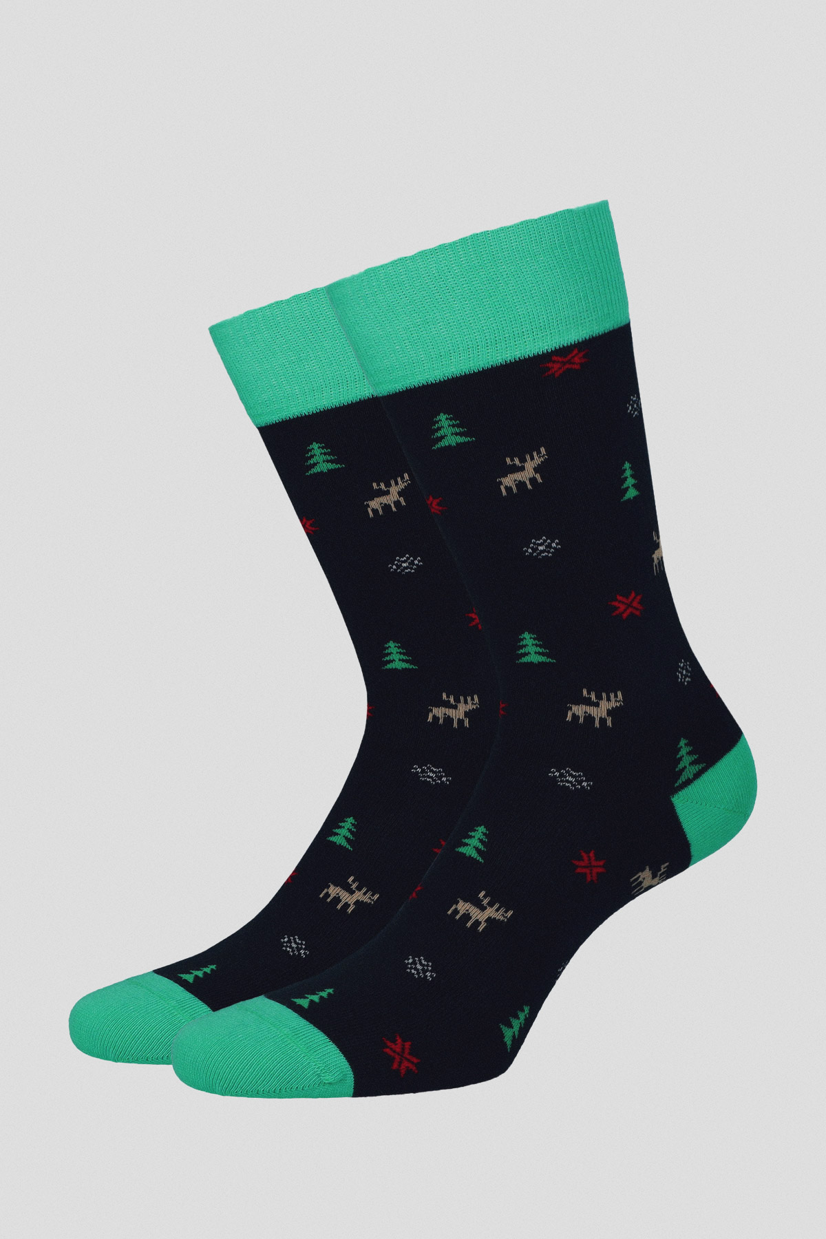 Lancerto Skarpety Świąteczne Granatowo-Seledynowe w Renifery, Śnieżynki i Choinki