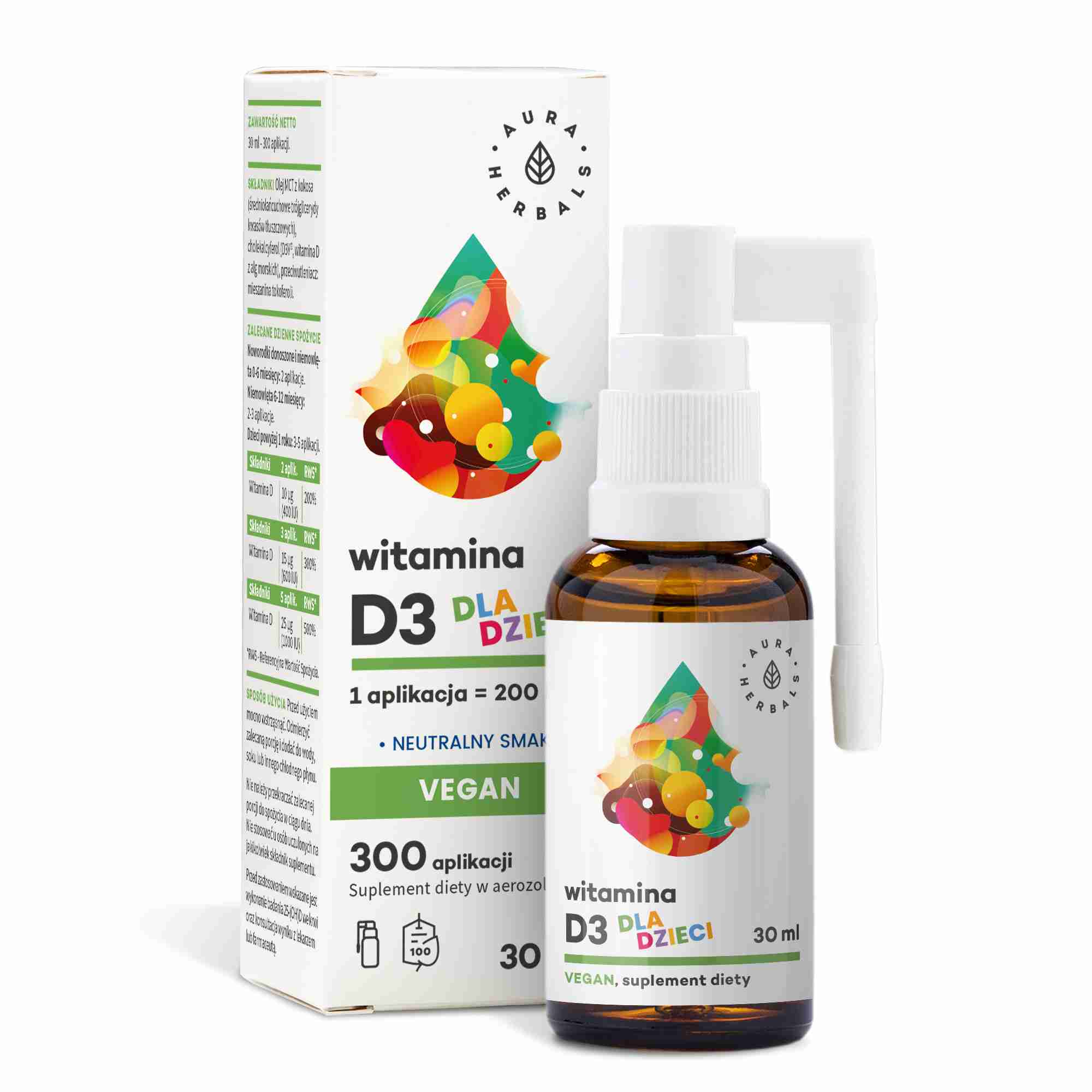 Aura Herbals suplement diety witamina D3 Vegan dla dzieci w aerozolu, 30 ml