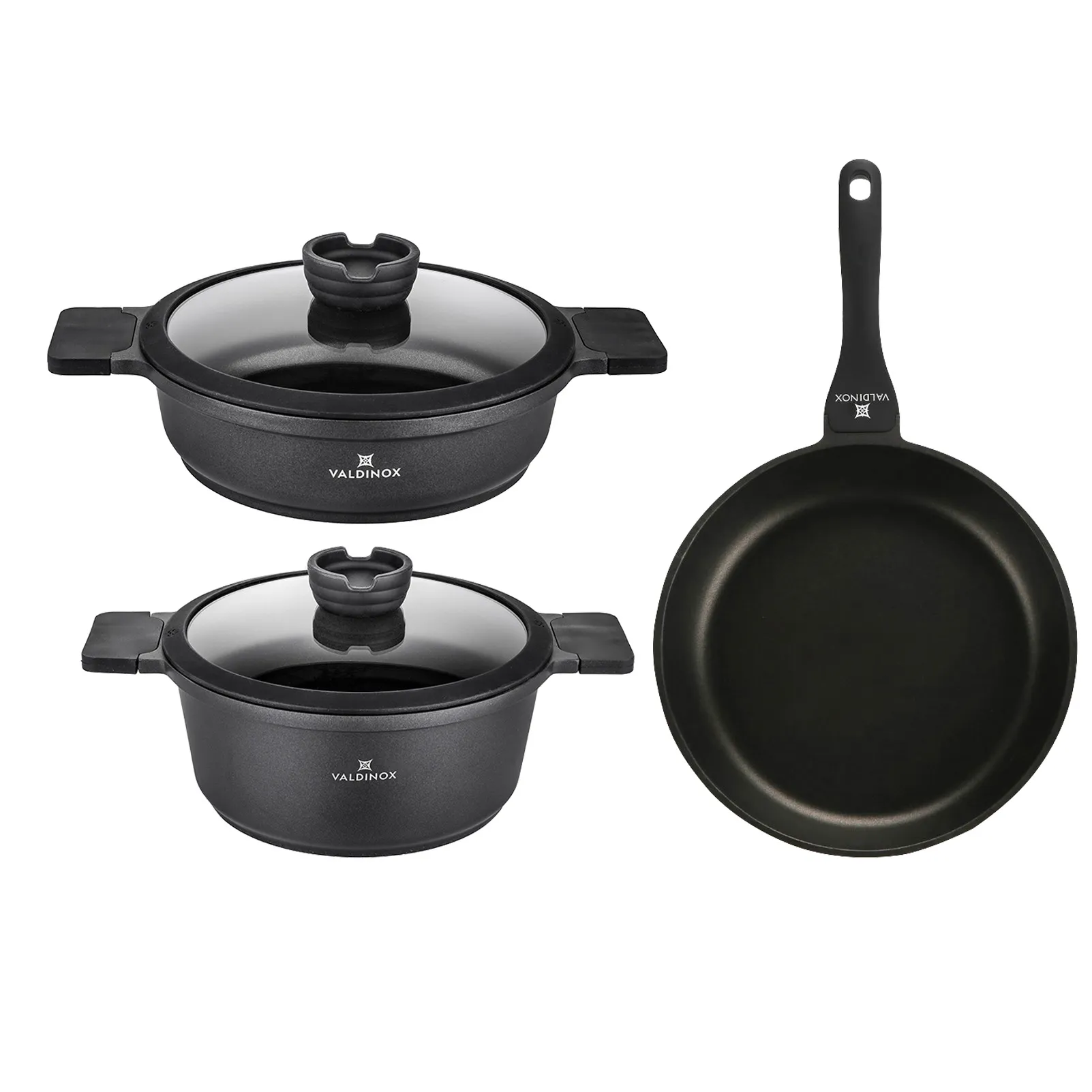 Zestaw 2 garnków na indukcję aluminiowych z pokrywkami i patelnią nieprzywierającą Valdinox Expert 28 cm