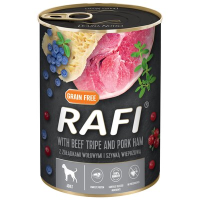 Karma dla psa RAFI z żołądkami wołowymi, szynką wieprzową z borówką i żurawiną 400 g