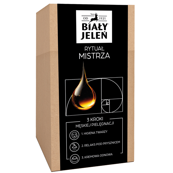 Biały Jeleń Rytuał Mistrza zestaw: żel do mycia twarzy, 200 ml + żel pod prysznic do ciała i higieny intymnej, 200 ml + krem, 100 ml