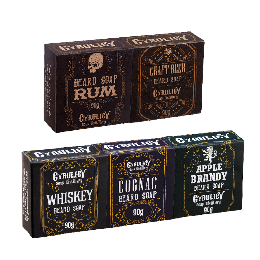 Cyrulicy Mydlana Destylarnia zestaw pielegnujących mydeł do brody: mydło Cognac, 90 g + mydło Whiskey, 90 g + mydło Apple Brandy, 90 g + mydło Rum,...