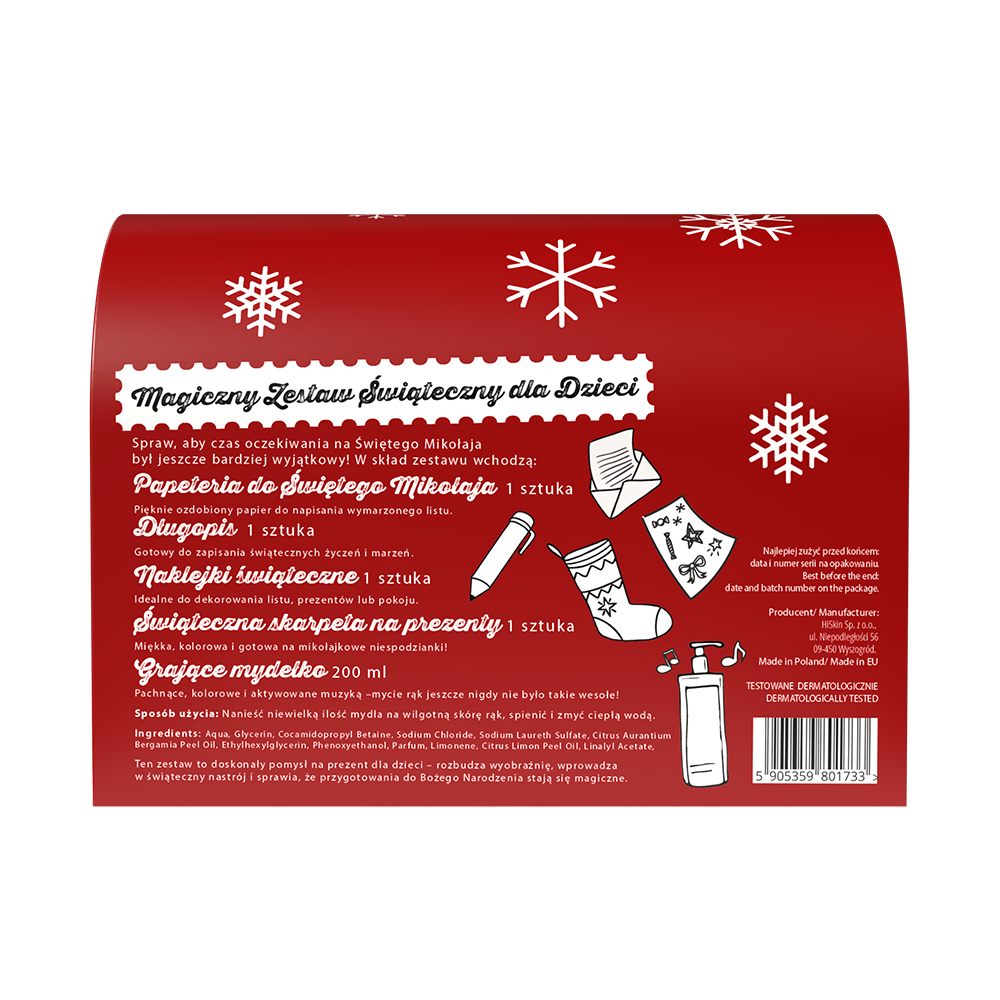 Hiskin Santa zestaw: grające mydełko w kształcie świątecznej skarpety, 200 ml + elegancka papeteria, 1 szt. + długopis, 1 szt.