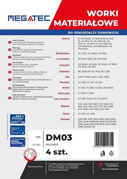 Worki materiałowe do odkurzaczy domowych, kpl 4 szt MEGATEC