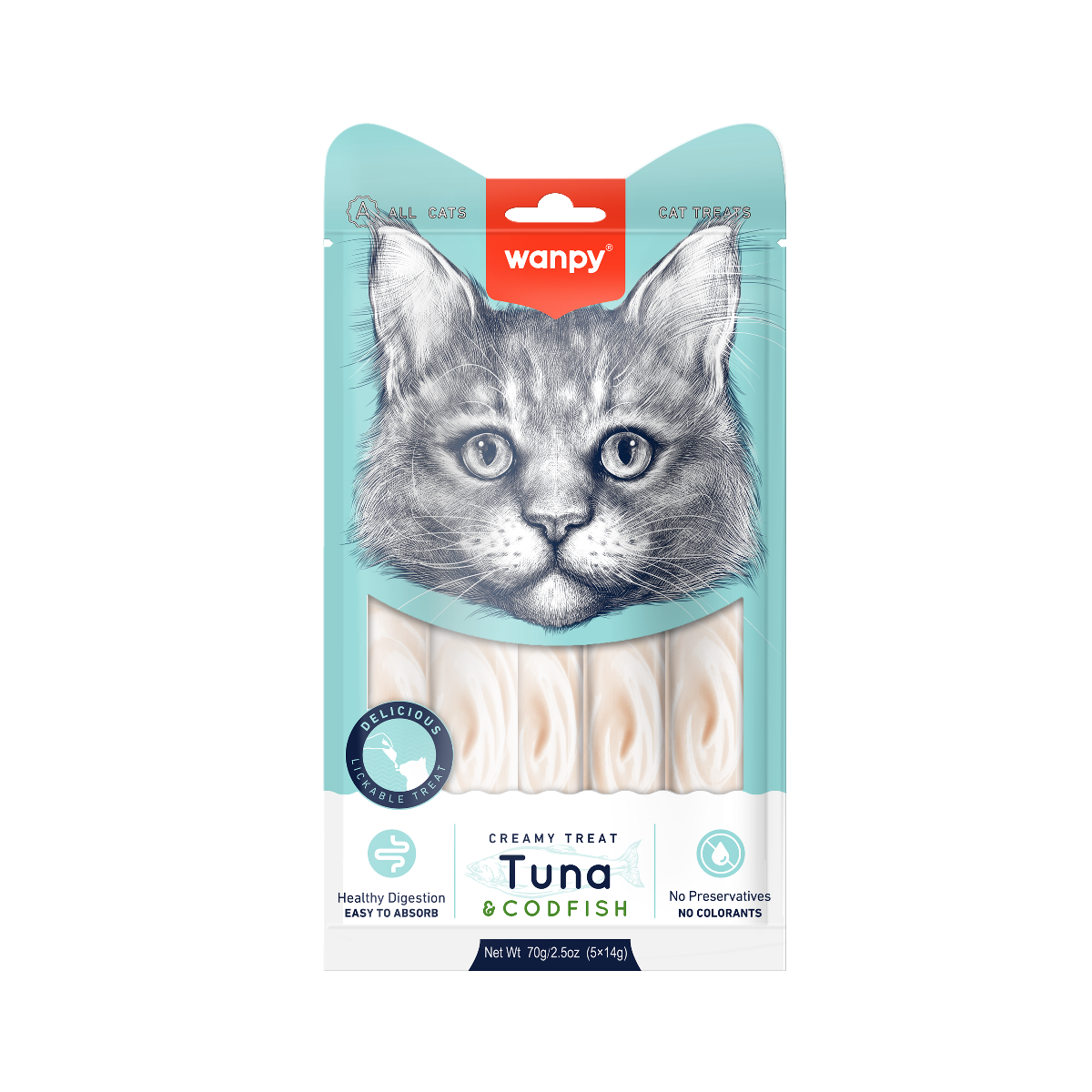 Wanpy Tuna & Codfish CreamyTreat kremowy przysmak do lizania o smaku tuńczyka i dorsza dla kotów, 5 x 14 g