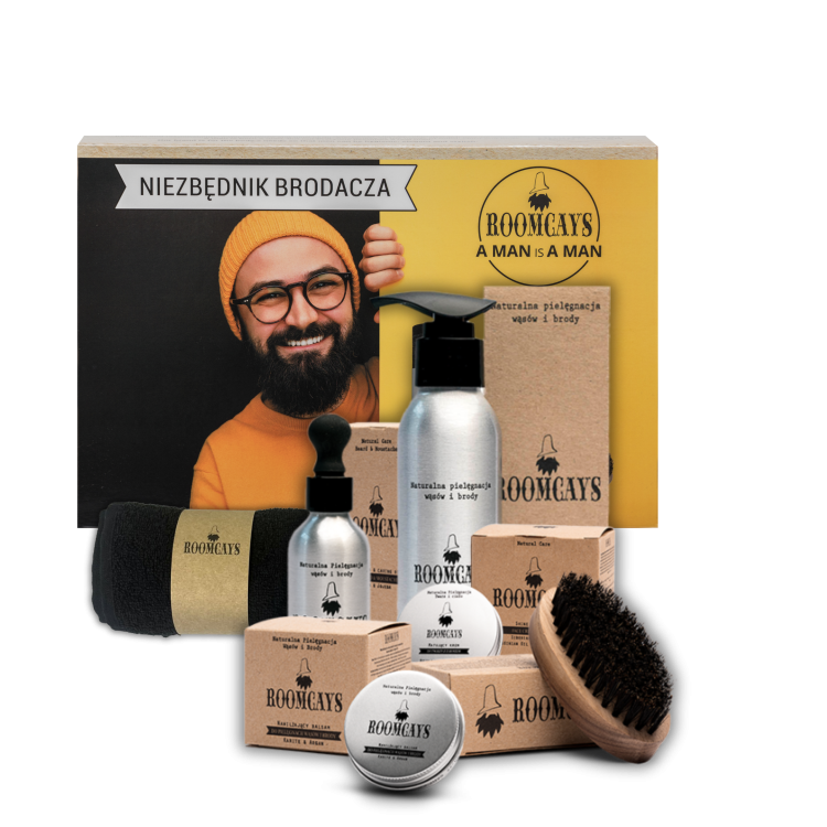 Roomcays NIEZBĘDNIK BRODACZA zestaw: olejek, 50 ml + balsam, 30 ml + szampon do brody, 120 ml + kartacz, 1 szt. + krem do twarzy, 100 ml