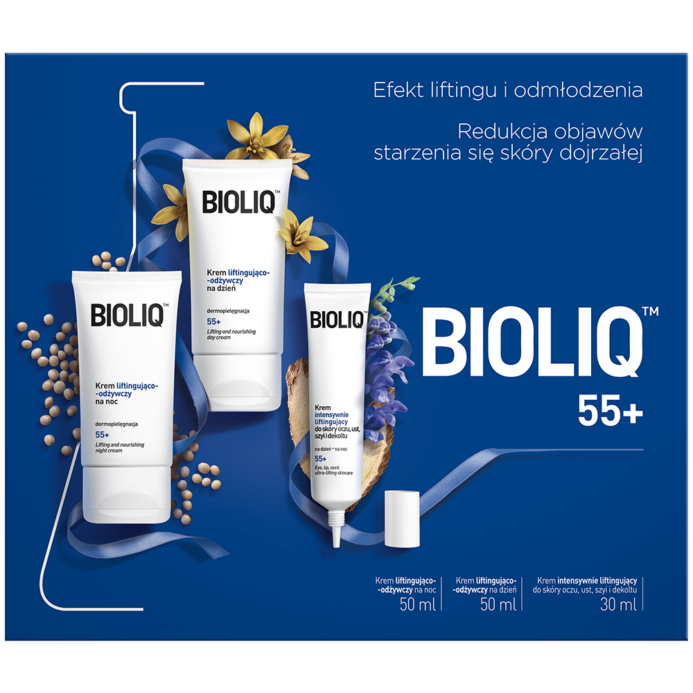 Bioliq 55+ zestaw: intensywnie liftingujący krem do okolic oczu, ust, szyi i dekoltu, 30 ml + liftingująco-odżywczy krem do twarzy na noc, 50 ml + ...