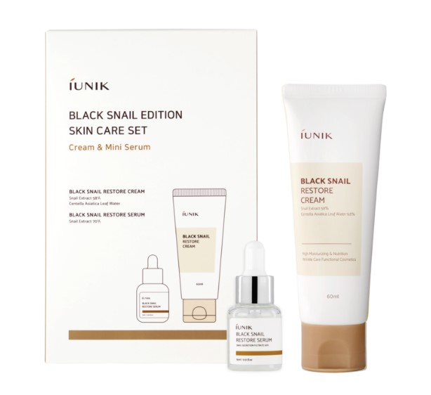 iUNIK Black Snail zestaw: serum regenerujące z czarnego ślimaka, 15 ml + krem regenerujący z czarnego ślimaka, 60 ml