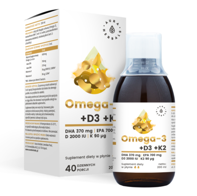 Aura Herbals, Omega-3, Witamina D3 2000IU, K2MK7, suplement diety, 200ml
