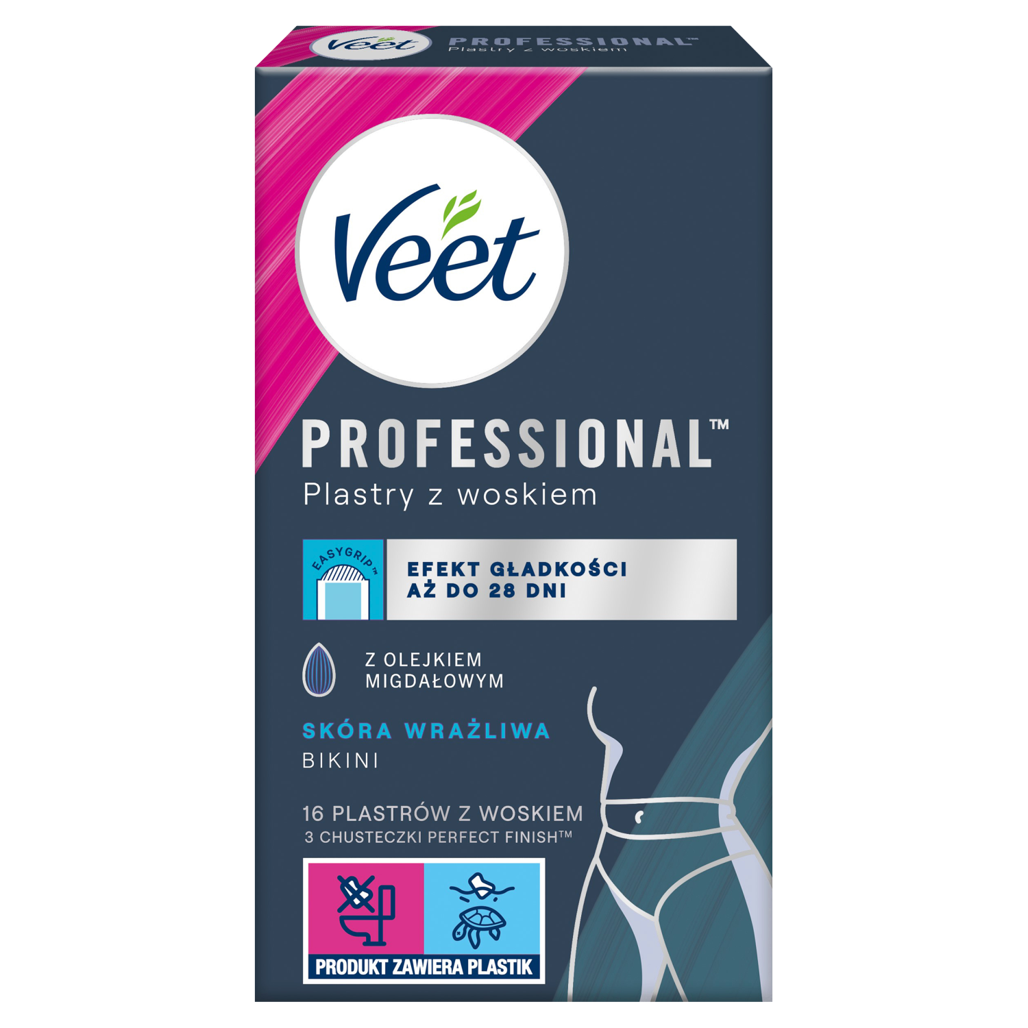 Veet plastry z woskiem do depilacji okolic bikini, 16 szt. + chusteczki do skóry wrażliwej, 3 szt./1 opak.