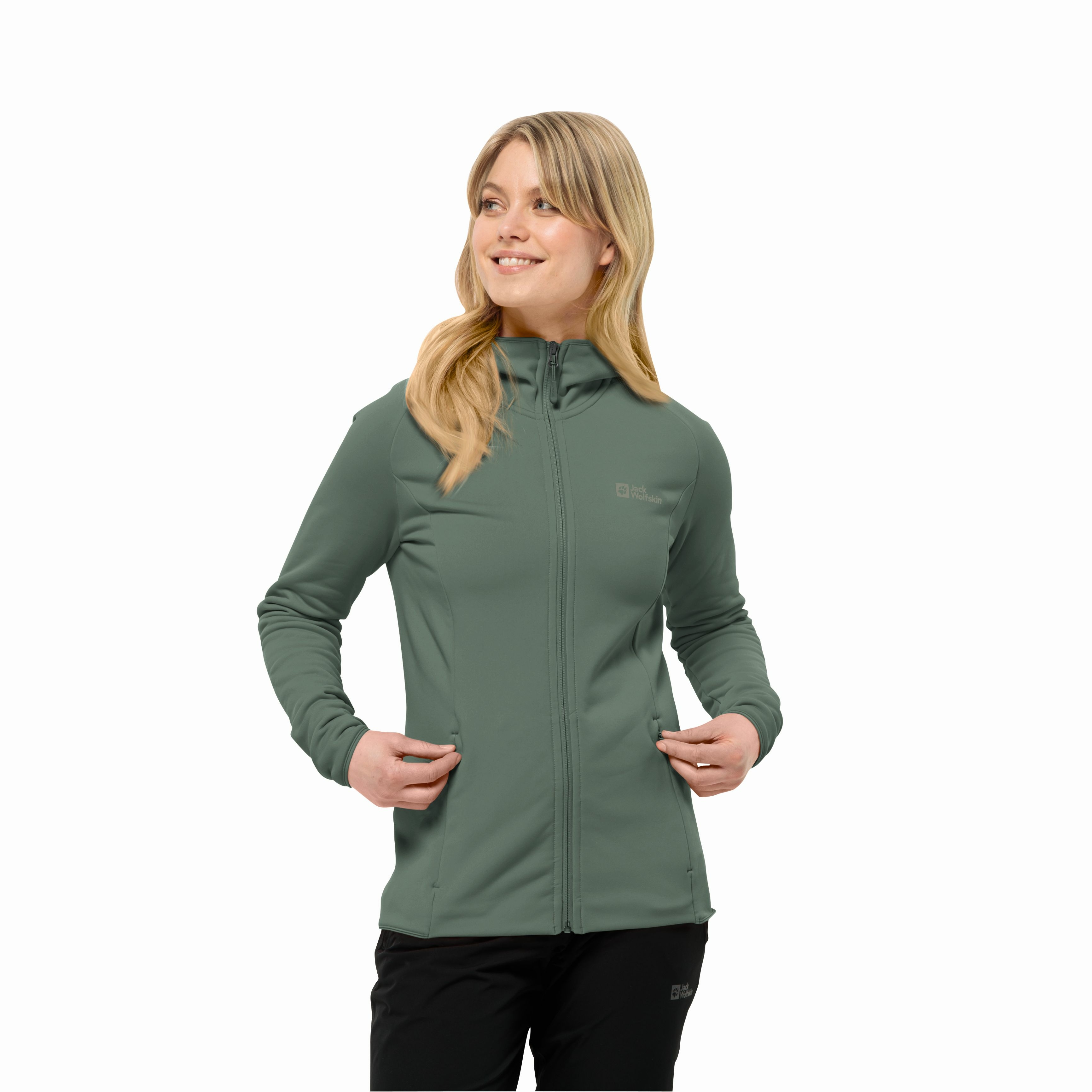 Damski polar z kapturem Jack Wolfskin BAISELBERG HOODED FZ W hedge green - XL