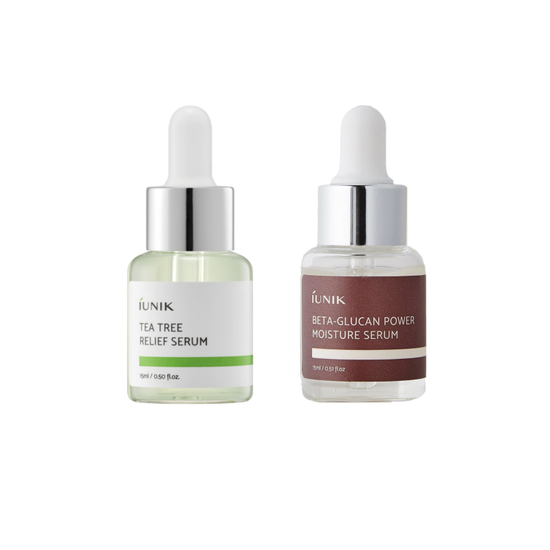 iUNIK zestaw: mini serum kojące drzewo herbaciane, 15 ml + mini serum kojące beta-glucan, 15 ml