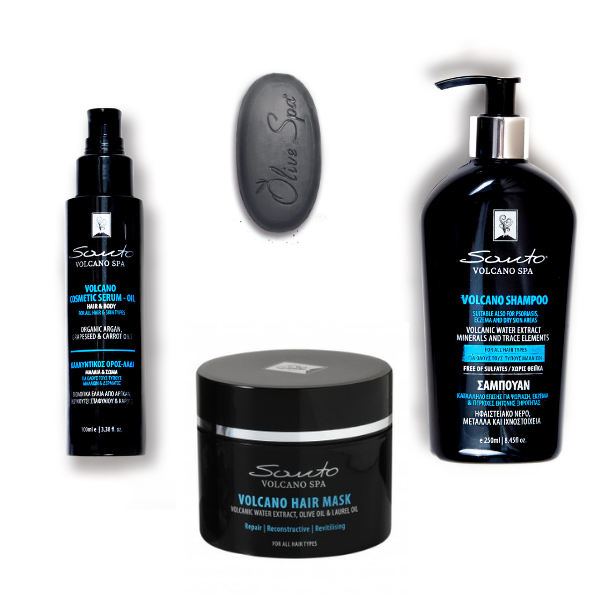 Santo Volcano Spa zestaw do pielęgnacji włosów: szampon oczyszczający, 250 ml + nawilżająca maska, 200 ml + olej-serum do ciała oraz włosów, 100 ml...