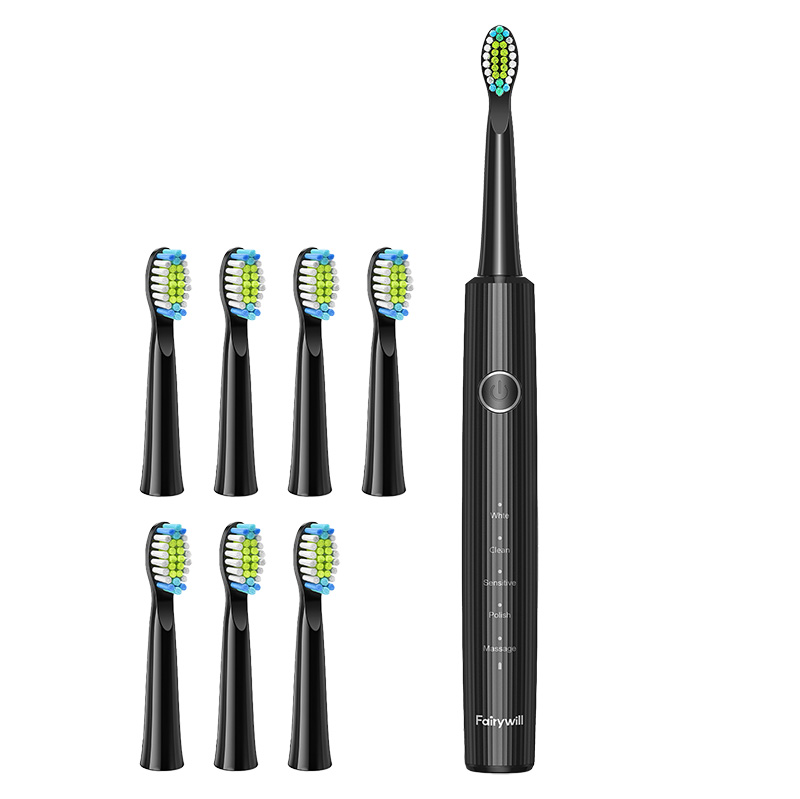 Fairywill FW-E10 zestaw: czarna szczoteczka soniczna do zębów, 1 szt. + końcówki wymienne, 8 szt.