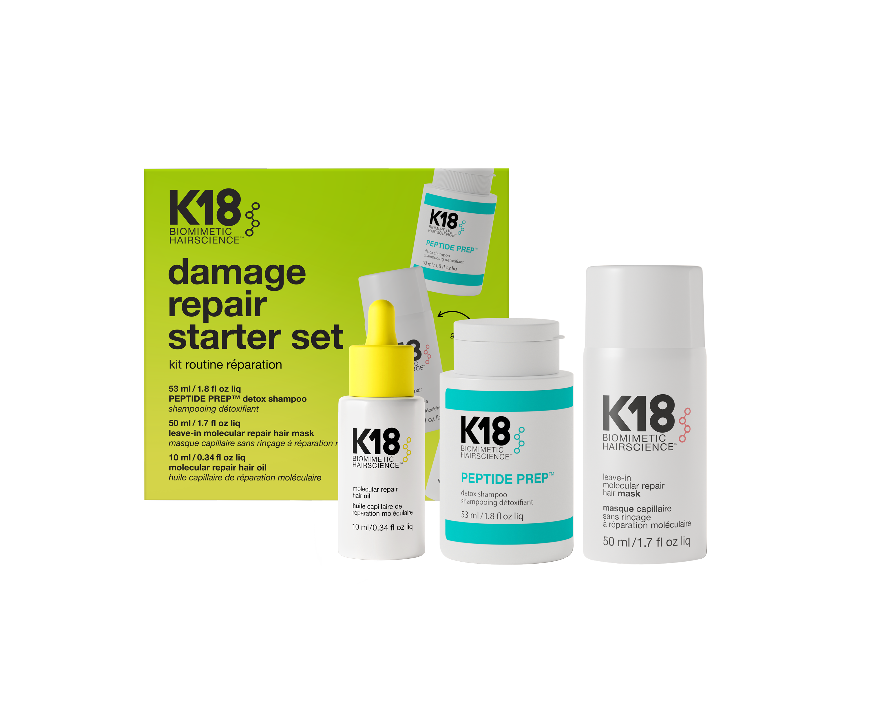 K18 Damage Repair Starter Set zestaw: szampon detoksykujący do włosów, 53 ml + maska do włosów bez spłukiwania, 50 ml + molekularny olejek regeneru...