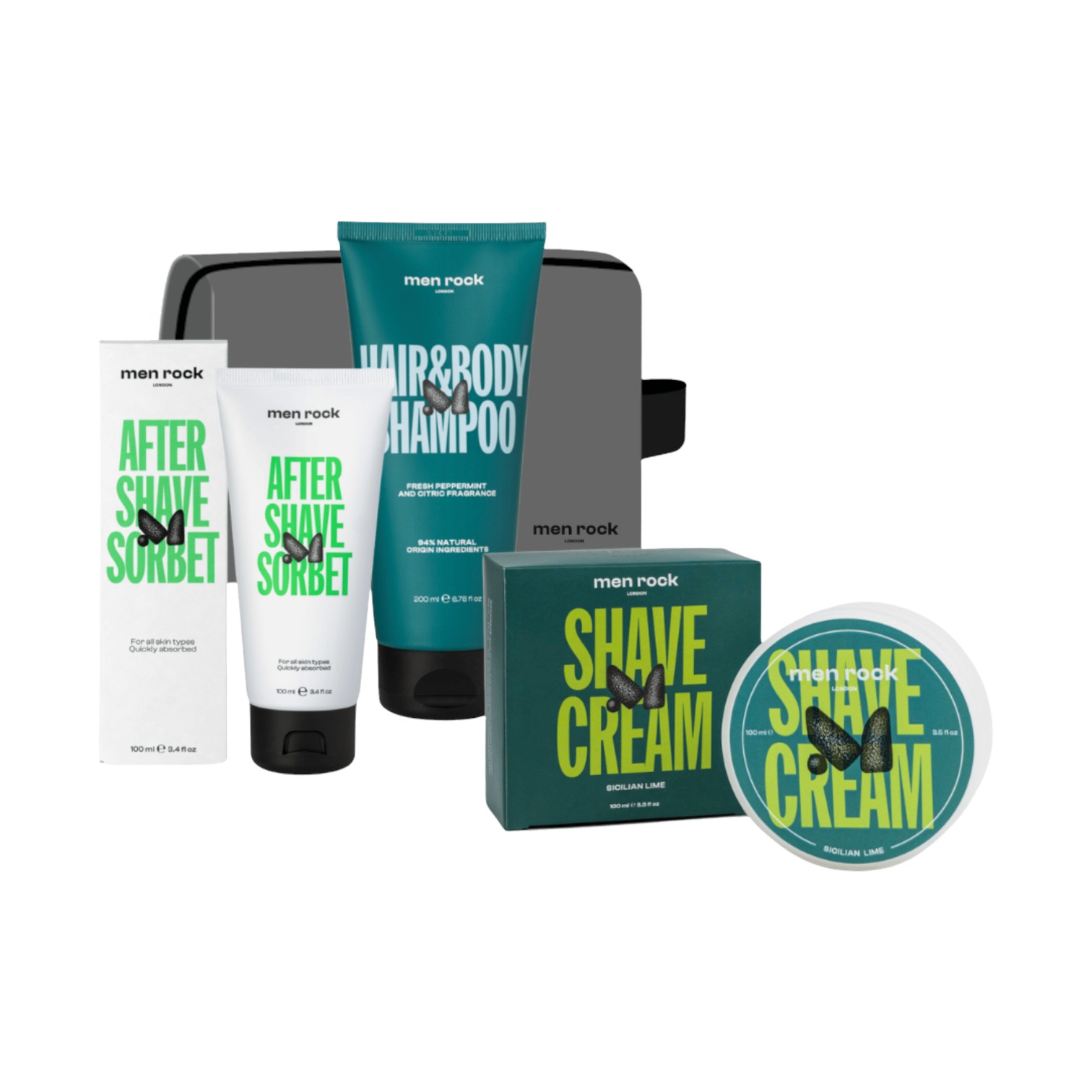 Men Rock ROUTINE GOALS zestaw: sorbet po goleniu, 100 ml + szampon do włosów i ciała, 200 ml + krem do golenia, 100 ml