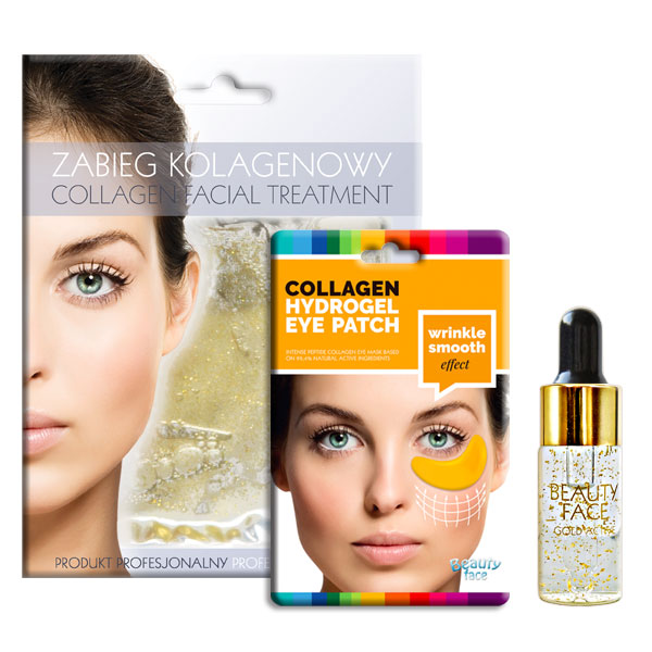 BeautyFace Gold zestaw: serum pod oczy, 10 ml + maska kolagenowa do twarzy, 1 szt. + płatki kolagenowe pod oczy pod oczy, 1 para
