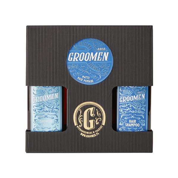 Groomen Aqua zestaw do ciała i włosów: żel do mycia ciała, 300 ml + szampon do włosów, 300 ml + pomada do włosów, 120 g