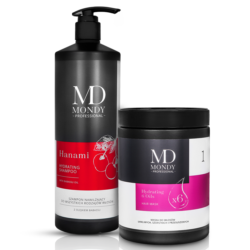 Mondy zestaw: szampon oczyszczający Hanami, 100 ml + maska do włosów Hydrating 6 Oils, 1000 ml