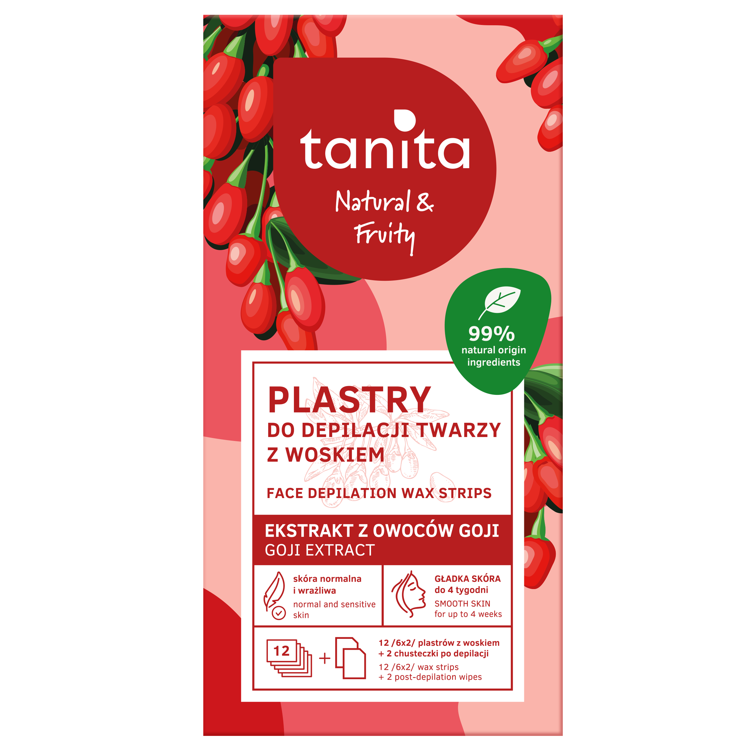 Tanita Natural & Fruity  plastry do depilacji twarzy z woskiem, 12 szt./1 opak.