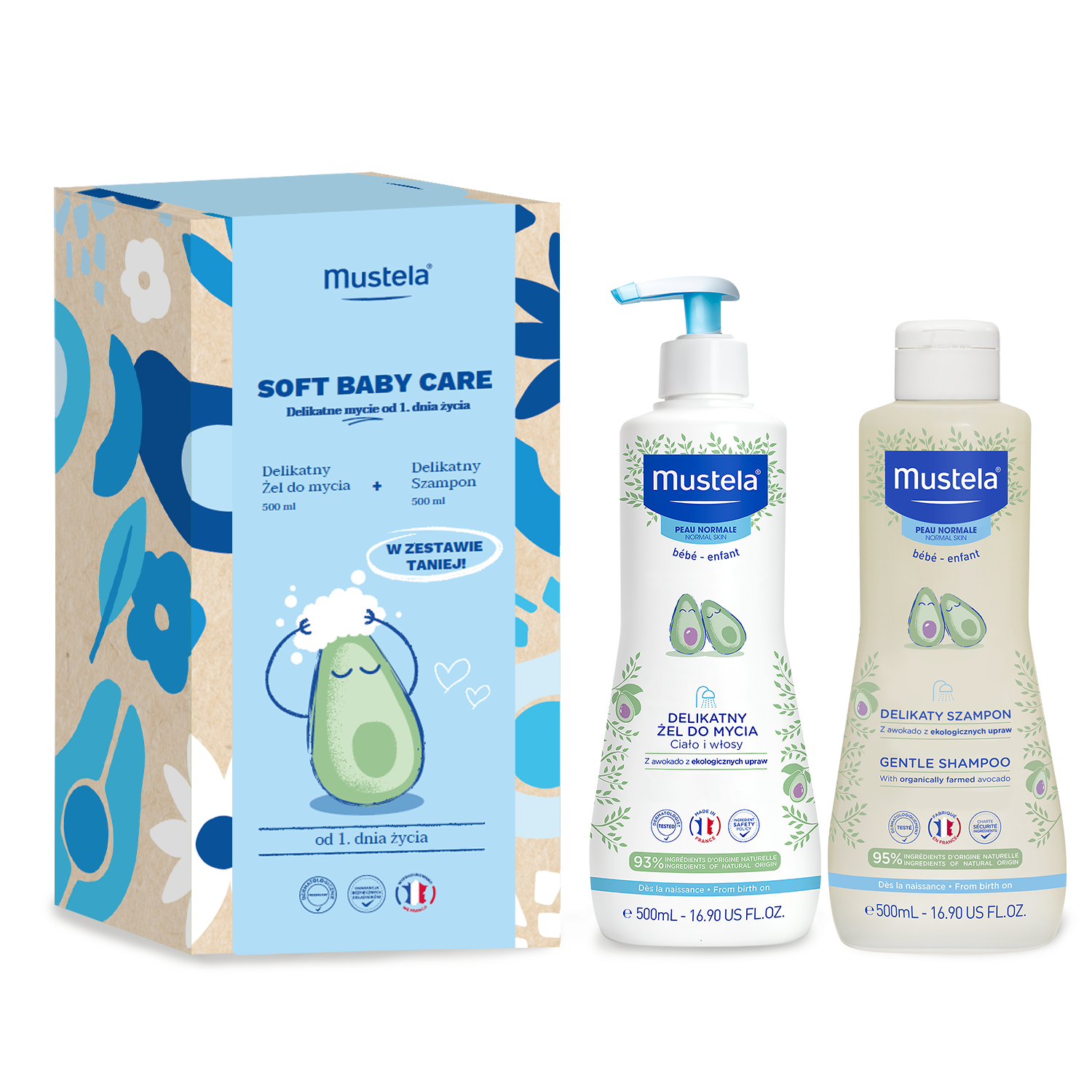 Mustela Soft Baby Care zestaw: żel do mycia dla dzieci, 500 ml + szampon do włosów dla dzieci, 500 ml