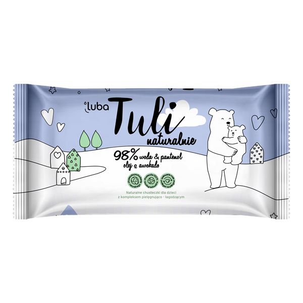 Luba Tuli naturalne chusteczki nawilżane z kompleksem pielęgnująco - łagodzącym na bazie 98% wody, pantenolu i oleju z awokado, 50 szt./1 opak.