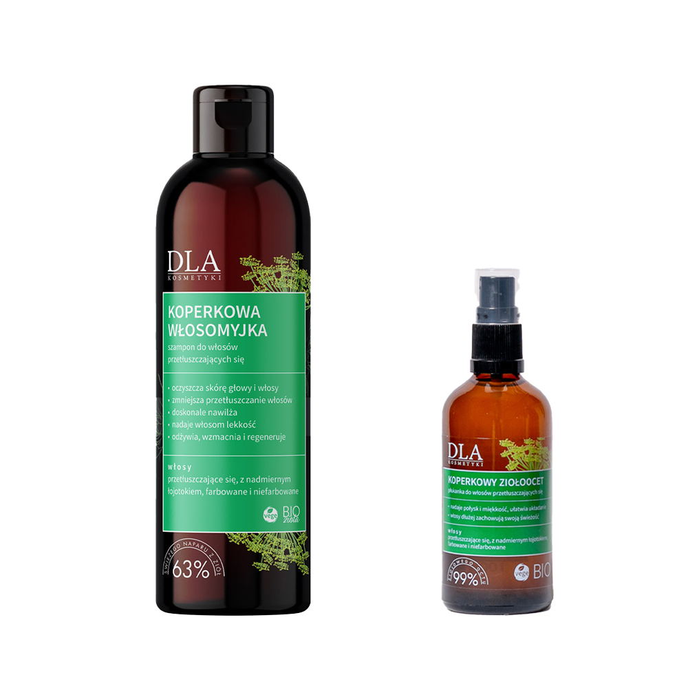 Kosmetyki DLA zestaw: koperkowa włosomyjka - szampon do włosów przetłuszczająacych się, nawilżający, 200 g + koperkowy ziołoocet płukanka do włosów...