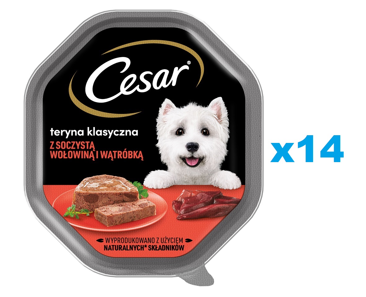 CESAR tacka 14x150 g mokra karma pełnoporcjowa dla dorosłych psów teryna z soczystą wołowiną i wątróbką